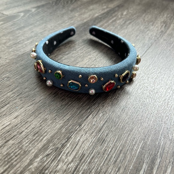 lele sadoughi headband LIGHT DENIM GEM BEZEL DENIM ALICE HEADBAND main image 7